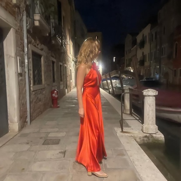 NWT Doen Lilaia Silk Rosette Rose Halter Maxi Dress Gown Fiery Coral Red - Picture 7 of 16